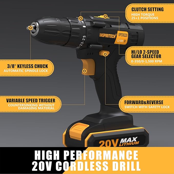 20V Cordless Drill, Power Drill Set with 2 Batteries and Charger,3/8-Inch Chuck Electric Drill Kit with 24-Torque Setting, Drill Driver Bits and Tool Bag Included…