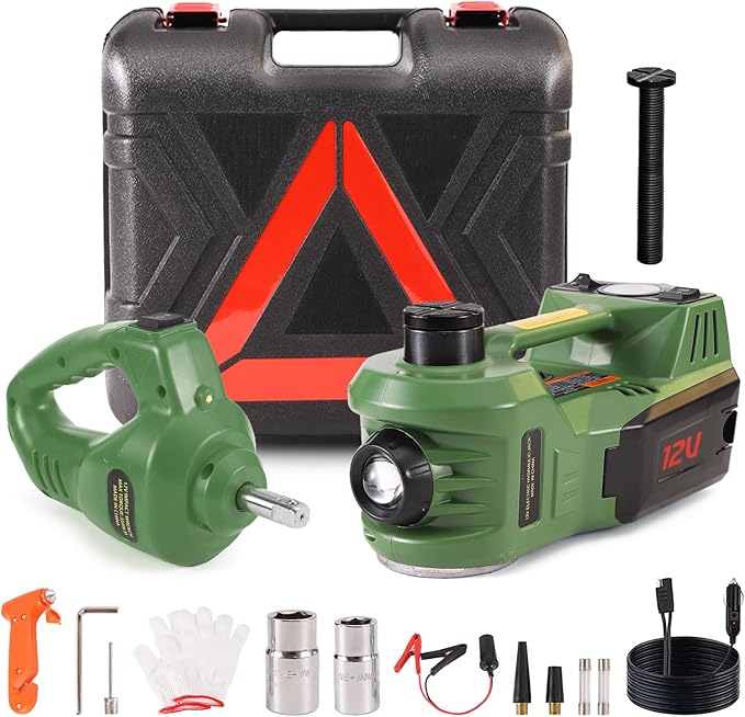 EFFIROSO Electric Car Jack Kit 5 Ton 12V Hydraulic Floor Jack with Impact Wrench Tire Inflator Pump for Vehicle Emergency Repair Kit (Lifting 6.1 to 17.7 inches Green)