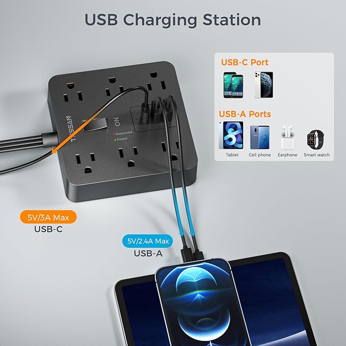 Black Surge Protector Power Strip 10 ft Cord, TESSAN Flat Plug Extension Cord with 6 Outlets 3 USB Ports (1 USB C), 1700J Protection, Heavy Duty Power Strip for Indoor Home Office School Dorm Room