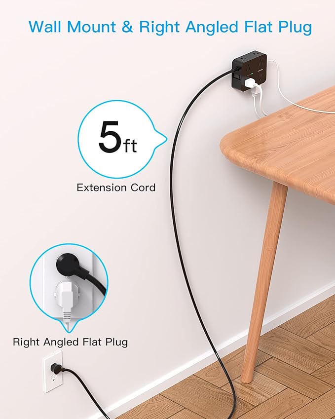 HANYCONY Power Strip Surge Protector, 5 Ft Exetnsion Cord with Multiple Outlets, Outlet Extender with 4 USB Ports, Flat Plug, Wall Mount for Home Office Dorm Room Essentials, ETI Listed, Black