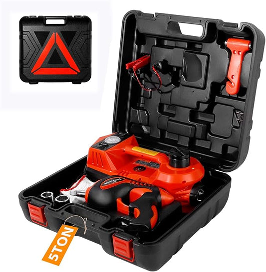 Electric Car Jack Kit, 5 Ton Hydraulic Car Jack with Electric Impact Wrench and Inflator Pump, 12V Portable Car Jack with LED Light for SUV MPV Sedan, Lifting Range 6 to 17.7 Inch (Red)