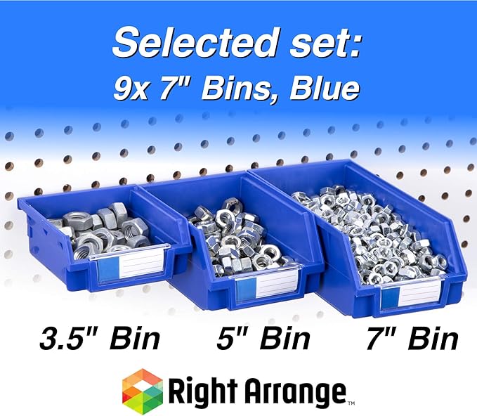 Pegboard Bins – 9 Pack Blue Extra Large - Hooks to Any Peg Board - Organize Hardware, Accessories, Attachments, Workbench, Garage Storage, Craft Room, Tool Shed, Hobby Supplies, Parts