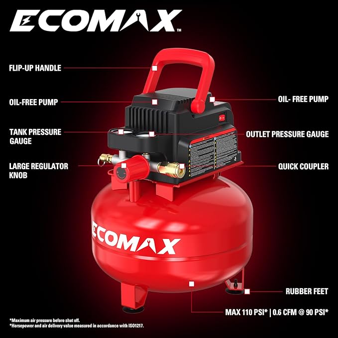 Air Compressor 3 Gallon Portable Pancake Tank Oil-free, 110 PSI MAX Pressure and 1/3 HP for Car and Bike Tires, Nail Gun, and Pneumatic Tools, Garage, Shop or Mechanic Accessories