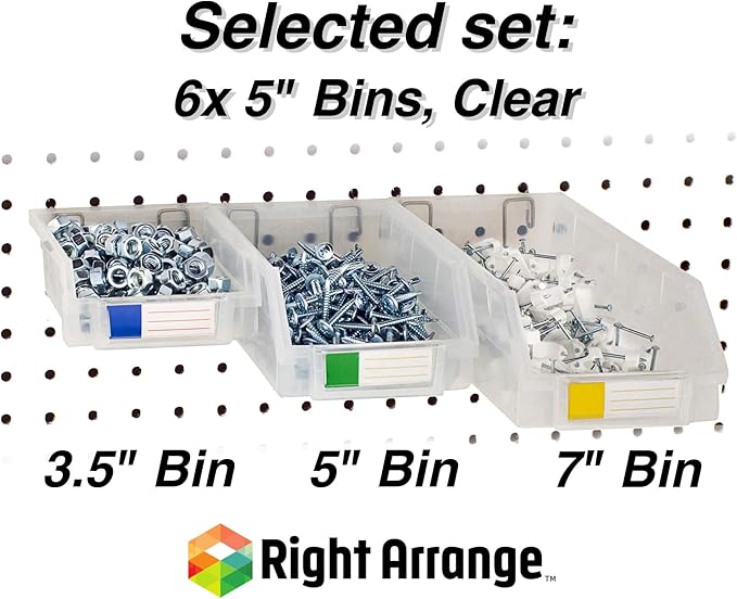 Pegboard Bins – 6 Pack Clear Large - Hooks to Any Peg Board - Organize Hardware, Accessories, Attachments, Workbench, Garage Storage, Craft Room, Tool Shed, Hobby Supplies, Small Parts