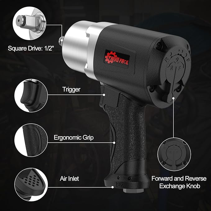Air Impact Wrench - 1/2 Inch Air Impact Gun 1/2 Drive, 1500Ft-lbs, 8000RPM High Torque Impact Wrench, Weight 4.74 lb, Half Inch Impact wrench Tire Impact wrench for Auto Repair, Tire Shop