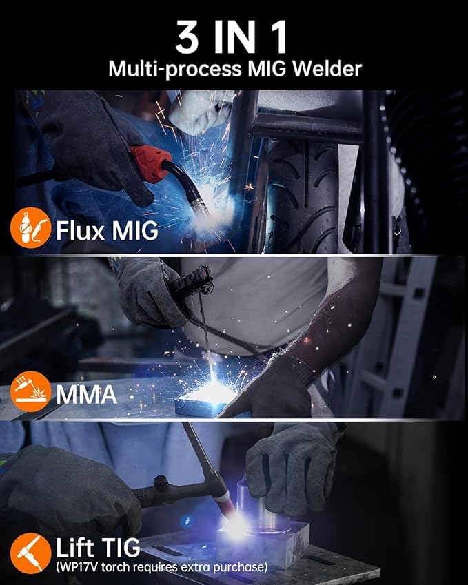 HITBOX 140A MIG Welder 110V, Flux Core Welder/Stick ARC/Lift TIG 3 In 1 Gasless MIG Welding Machine with Synergy Dual Voltage IGBT Inverter Welder