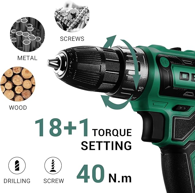Power Drill Cordless: DEKO PRO Cordless Drill 20V Electric Power Drill Set Tool for Women Drills Cordless with Battery and Charger Drill Driver 20 Volt Drill Driver Kit Green