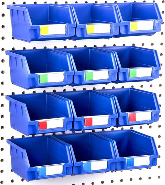 Pegboard Bins - 12 Pack Blue Large - Hooks to Any Peg Board - Organize Hardware, Accessories, Attachments, Workbench, Garage Storage, Craft Room, Tool Shed, Hobby Supplies, Small Parts