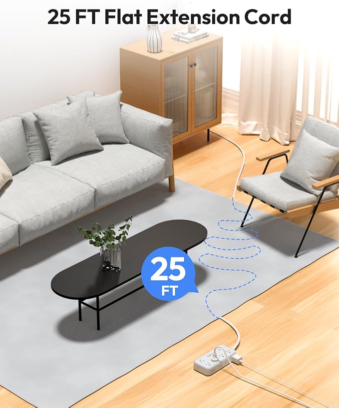 Flat Extension Cord 25 FT, NTONPOWER Surge Protector Power Strip, 10 Widely Spaced Outlets with 4 USB Ports (2 USB C), 3 Side, Overload Protection, 2700J, Wall Mount, White