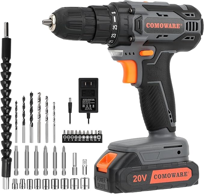 COMOWARE Cordless Drill Set, 20V Electric Power Drill Set,1 Battery & Charger, 3/8" Keyless Chuck, 2 Variable Speed, 266 In-lb Torque, 25+1 Position, Orange