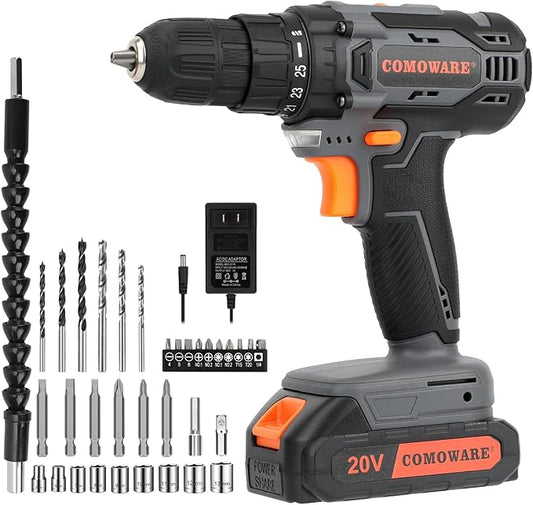 COMOWARE Cordless Drill Set, 20V Electric Power Drill Set,1 Battery & Charger, 3/8" Keyless Chuck, 2 Variable Speed, 266 In-lb Torque, 25+1 Position, Orange