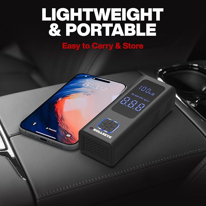 POCKET AIR Car Tire Inflator Portable Air Compressor by Bullseye Pro, Rechargeable 4000MAH Portable Tire Inflator for Car, Inflatables, Ball, Lightweight Air Pump Portable with LED Pressure Gauge