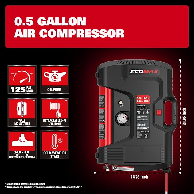 Portable Air Compressor, Wall-Mount with 30 Feet Air Hose, Mini Tank 125 PSI MAX Pressure & 1.5 HP, Oil-free Long Life Cycle for Shop, Garage and Home