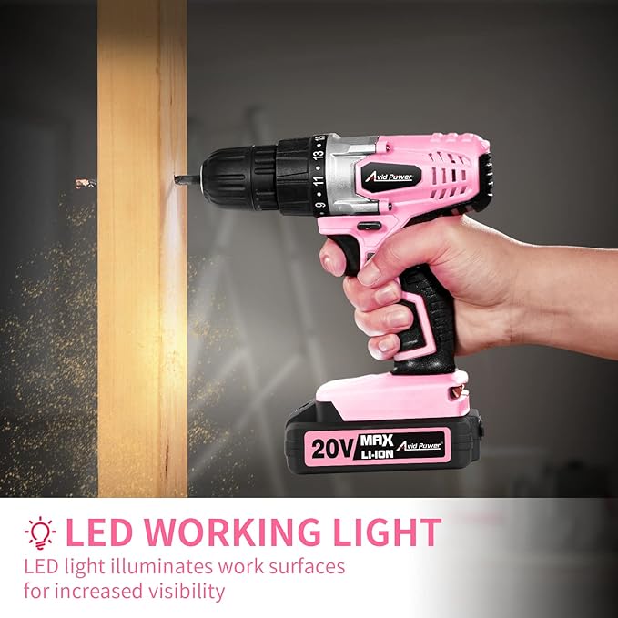 AVID POWER 20V MAX Lithium lon Cordless Drill Set, Power Drill Kit with Battery and Charger, 3/8-Inch Keyless Chuck, Variable Speed, 16 Position and 22pcs Drill Bits (Pink)