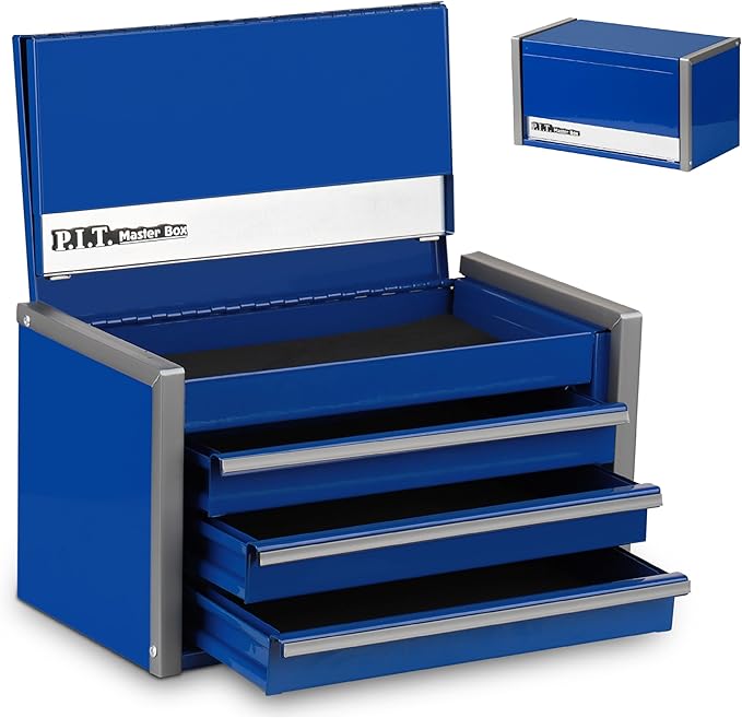 P.I.T. Mini Blue Tool Box, Portable 3 Drawer Steel Stackable Tool Box with Magnetic Tab Locking, Blue Micro Top Chest with Liner for Tools Storage and Organizers, Home DIY