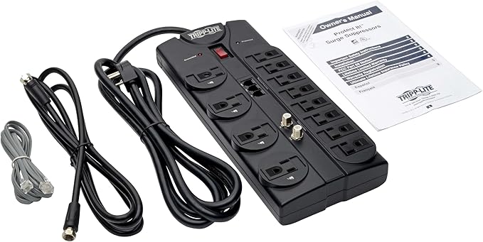 Tripp Lite TLP1208TELTV 12 Outlet Surge Protector Power Strip, 8ft Cord, Right-Angle Plug, Tel/Modem/Coax Protection, RJ11, & Dollar 150,000 Insurance Black