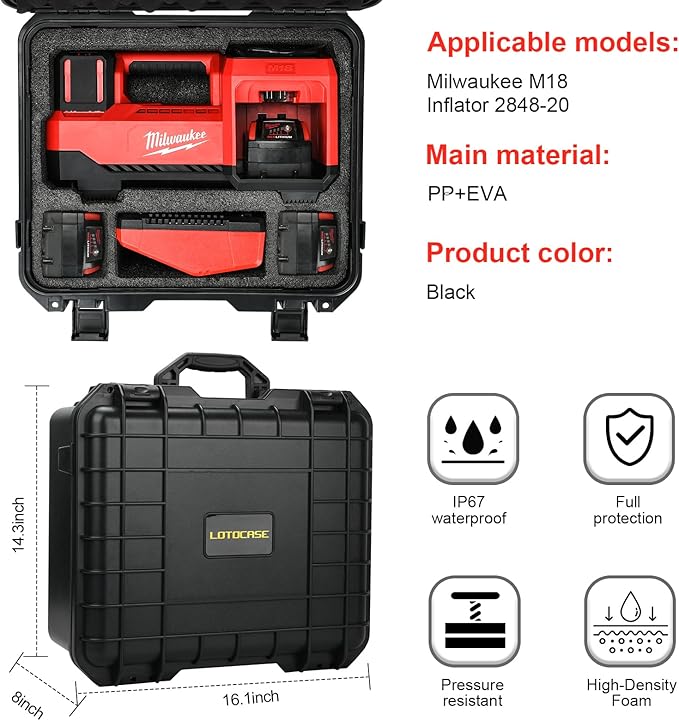Air Compressor Waterproof Hard Case Compatible with Milwaukee M18 Inflator 2848-20, Air Pump Carrying Bag for Milwaukee Tools, Storage Holder for Battery Pack 18V 3.0 to 6.0 Ah - Black (Only Case)