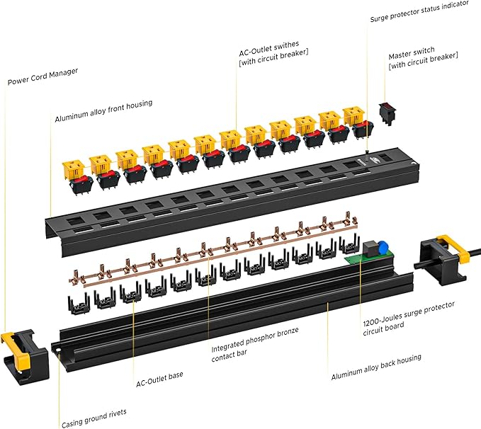 CRST 12 Outlets Long Power Strip, 9 FT Cord Metal Surge Protector Power Strip with Individual Switches, Wall Mount Power Strip with Cord Manager, 1020J, 15Amp/1875W for Garage,Workshop, Office, Home