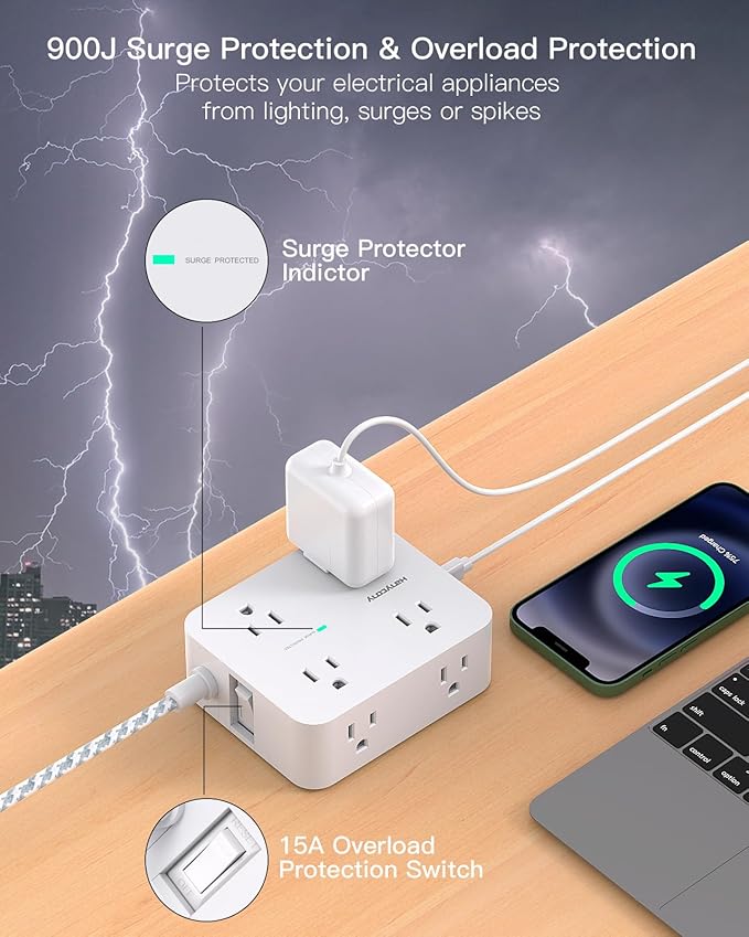 Extension Cord 20 Ft, Power Strip Surge Protector with 8 Outlets 4 USB Ports(2 USB C), Long Cord, Flat Plug, Wall Mount, Desk USB Charging Station for Home Office Essentials