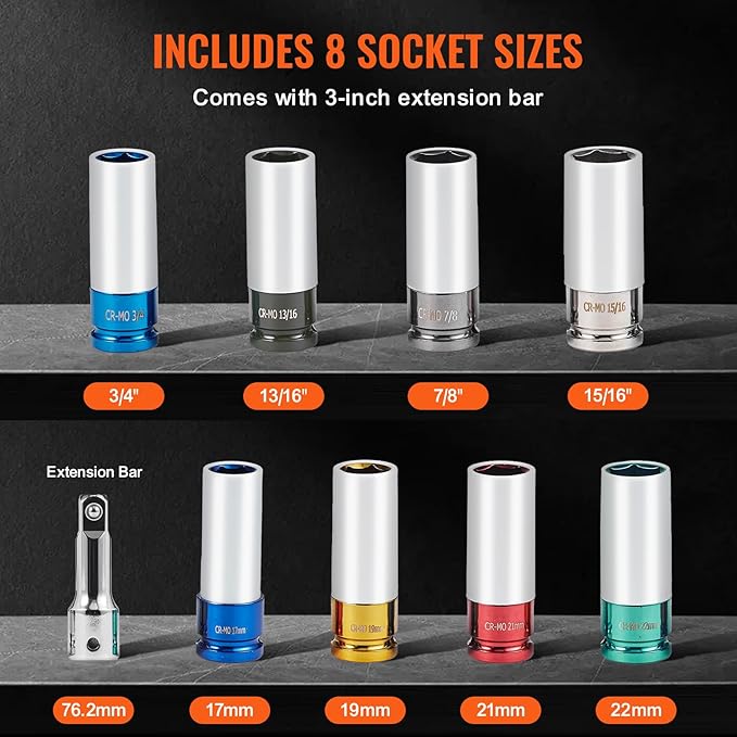 VEVOR Lug Nut Impact Socket Set - 8 Lug Nut Sizes 1/2 inch Drive Metric and SAE 6-Point Deep Socket CR-MO Steel Wheel Socket Set with Storage Case and Extension Bar for Auto Repair