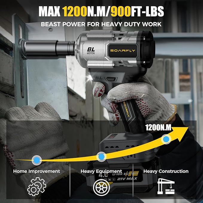 Cordless Impact Wrench, 1200Nm(900ft-lbs) High Torque 1/2'' Impact Wrench, 21V Brushless Electric Impact Gun with 2Pcs 4.0Ah Batteries, 1 Hour Fast Charger, 5 Sockets, Power Impact Driver for Car Home