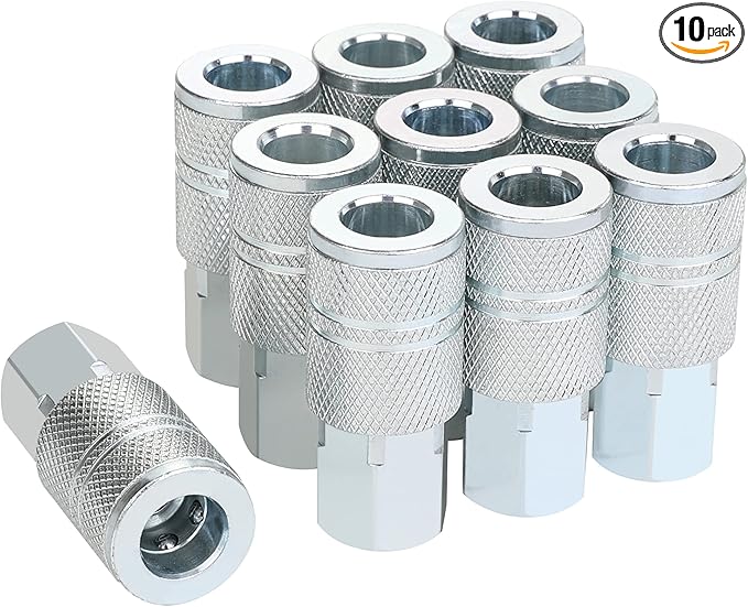 3/8 High Flow Air Fittings, Industrial M-Type Coupler, 3/8 Inch Flow Size, 3/8 Inch Female Threads Size, Steel Material, 300PSI, 10 Pieces Air Compressor Accessories Fittings
