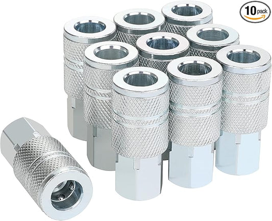 3/8 High Flow Air Fittings, Industrial M-Type Coupler, 3/8 Inch Flow Size, 3/8 Inch Female Threads Size, Steel Material, 300PSI, 10 Pieces Air Compressor Accessories Fittings