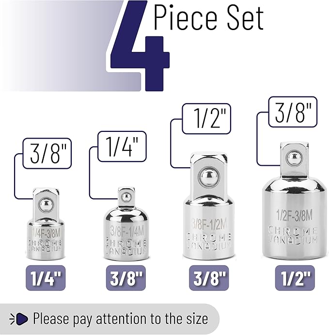 Bates- Impact Socket Adapter and Reducer Set, 4 pcs, Impact Socket Adapter Set, Impact Adapter Set, Socket Adapter Set, 1/2 to 3/8 Socket Adapter, 3/8 to 1/2 Socket Adapter, 3/8 to 1/4 Socket Adapter
