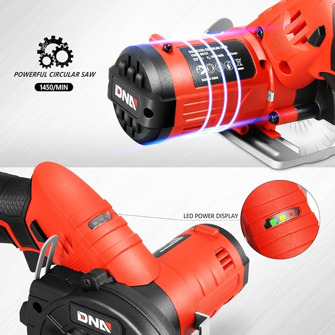 DNA MOTORING TOOLS-00174 12V Compact Cordless Circular Saw with 85mm 20T Blade and Hex Key, Adjustable Cutting Depth/Angle, Red (Tool Only)