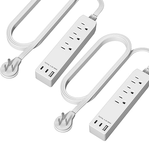 LIDER Outlet Extender with 3 Receptacles, USB Type-A, and 2 USB Type-C Port, Ultra-Thin Flat-Plug with Cord Extender, 3-Outlet Power Strip, Slim Angled Design, Modern, 5ft Cord, White, 2 Pack