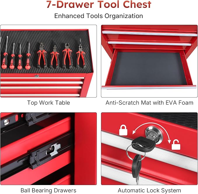 Rovibek 7 Drawer Rolling Tool Chest, Lockable Rolling Tool Box with Wheels, Ball-Bearing Slides, Large Capacity Metal Tool Box for Office Home Garage Workshop Warehouse Tool Storage, Red