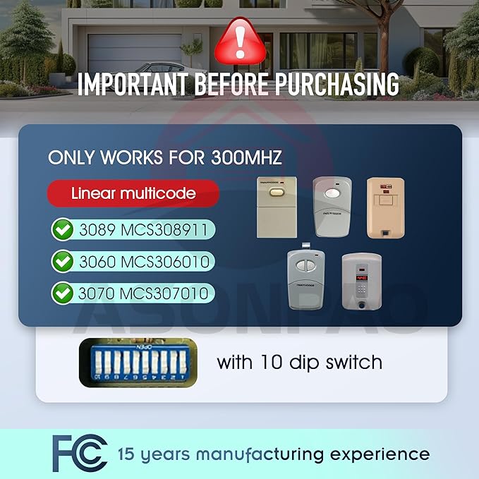 2X Multicode Gate Opener Remote 3089 308911MCS308911 Garage Door Opener 300MHZ 10 Dip Switch 3-Year-Warranty Large 9V Long-Lasting Battery Ultra Long Range