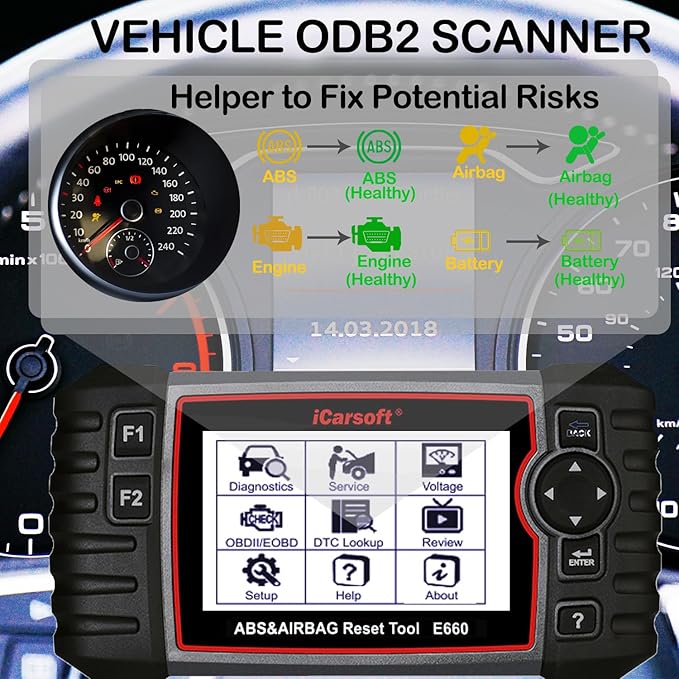 iCarsoft E660 ABS Diagnostic Tool, OBD2 Scanner for ABS/SRS/SAS/EPB/Engine, Car Code Reader with SAS/EPB Reset/Battery Test, Auto Diagnostic Car Scanner Read Clear Fault Codes,Free Upgrade