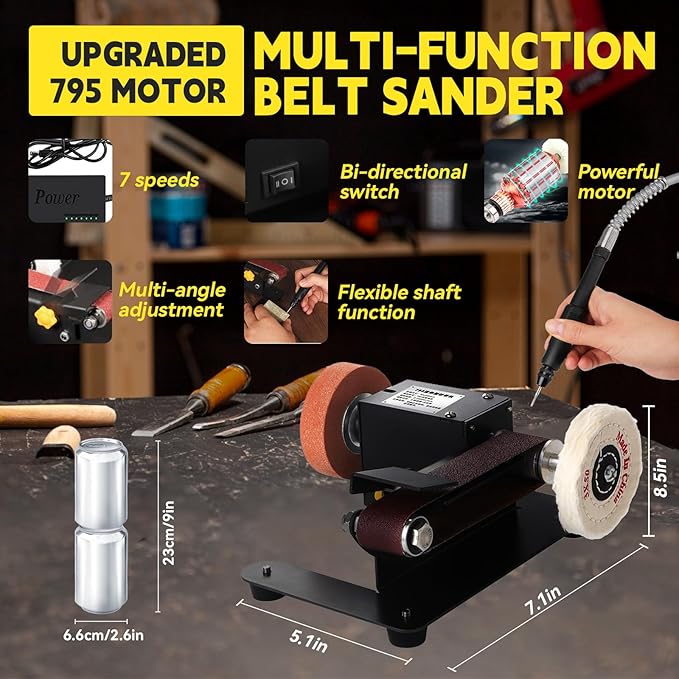 Mini Belt Sander with 7 Adjustable Speeds, Multi-Angle Electric Knife Sharpener and Belt Sanders for Woodworking,350W Bench Sander with Soft Shaft for Woodworking, Metal Polishing,and Crafting