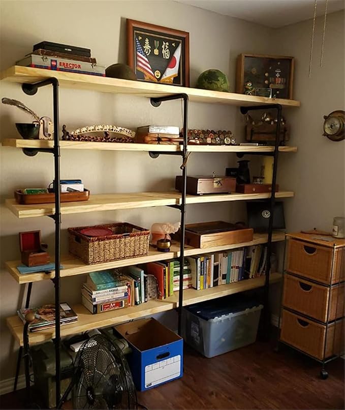 Industrial Wall Mount Iron Pipe Shelf Bracket,Retro DIY Open Bookshelf,Storage Shelves, Ceiling Hung Shelves for Home Kitchen Bathroom Living Room Office(3PcsX5Tier,70" Tall,12" deep,Hardware Only)