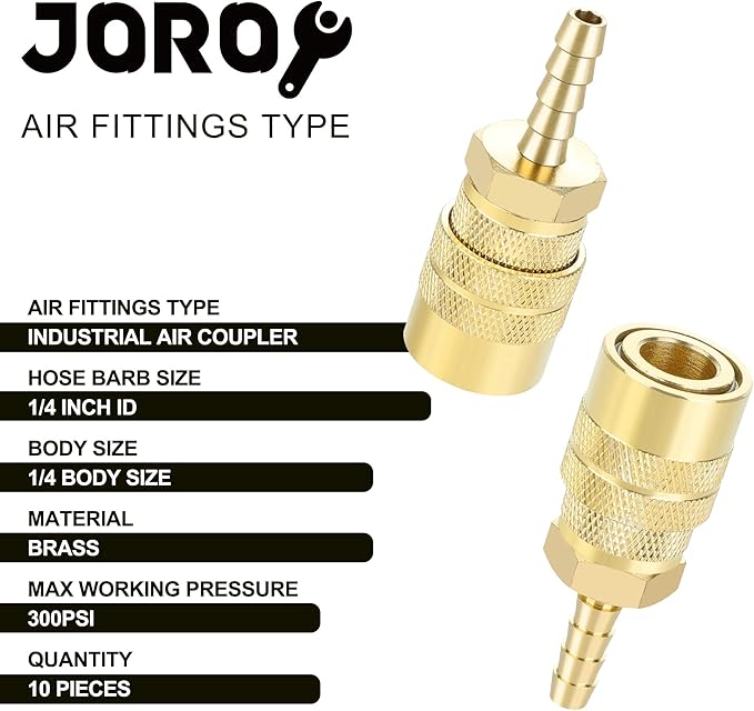 Air Coupler with 1/4 Hose Barb, Industrial M-Type, 1/4 Inch Body Size, Brass Material, 10 Pieces Air Compressor Hose Fittings