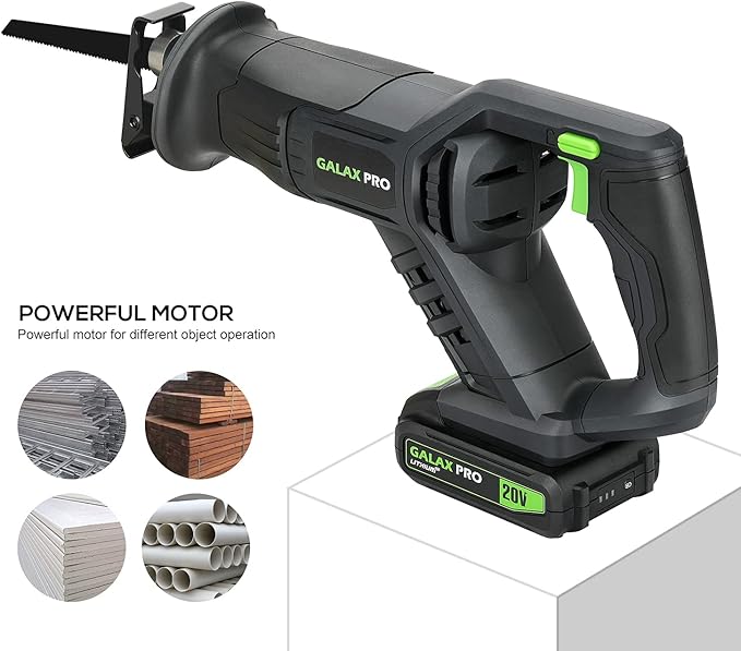 GALAX PRO Reciprocating Saw, Cordless Reciprocating Saw with battery, 0-3000RPM, 20V 2.0Ah Cordless Saw, 3pcs 6-inch Wood Saw Blade & 2pcs 6-inch Metal Saw Blade for thin wooden board, soft metal