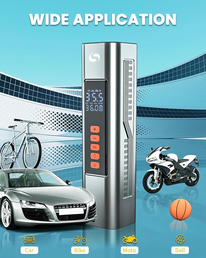Tire Inflator Portable Air Compressor, Electric Ball Pump with Digital Pressure Gauge, LED Light, Ball Accessories Essential for Men, 150PSI Cordless Tire Inflator for Basketball, Soccer