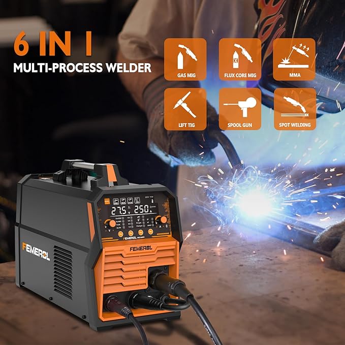 250A MIG Welder,6 in 1 Gas MIG/Gasless Flux Core/Stick/Lift TIG/Spot Welding/Spool Gun Compatible Aluminum Welding Machine Large LED Display 110V/220V Multi Process Welder