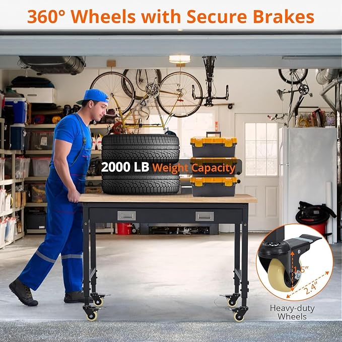 Workbench 48" x 24" Adjustable Height Worktable - Heavy Duty Rubber Wood Top with Drawer Storage, 2000 Lbs Capacity, Mobile Tool Storage Workstation with Power Outlets & Lockable Wheels