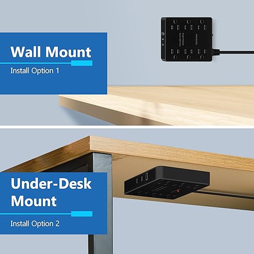 LIDER Outlet Extender with 6 Receptacles, USB-A and 2 USB-C, Ultra-Thin Flat-Plug with Cord Extender, 6-Outlet Power Strip, Slim Angled Design, Surge Protector, 480 Joules, 5ft Cord, Black