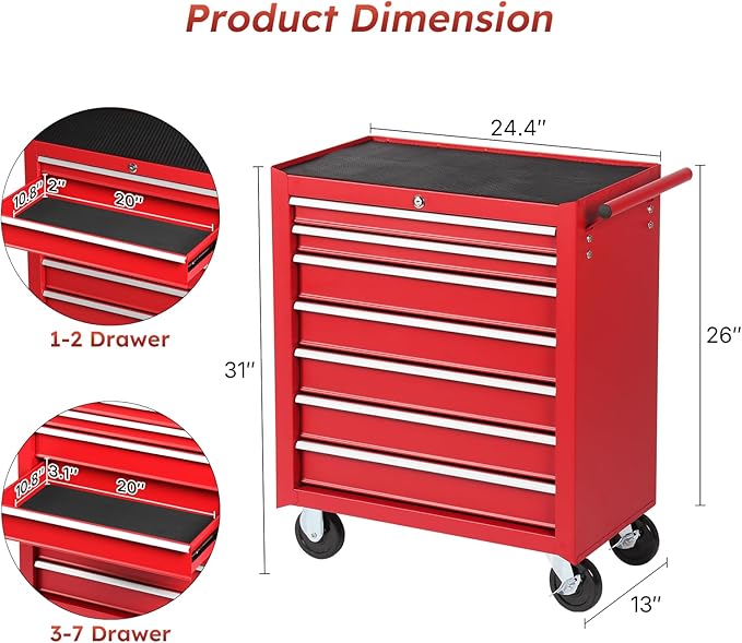 Rovibek 7 Drawer Rolling Tool Chest, Lockable Rolling Tool Box with Wheels, Ball-Bearing Slides, Large Capacity Metal Tool Box for Office Home Garage Workshop Warehouse Tool Storage, Red