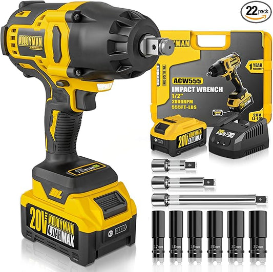 Alloyman 1/2 inch Impact Wrench Cordless, (750 N.m) 555 Ft-lbs Hight Torque Wrench,20V Power Impact Driver, Brushless Motor 2000 RPM, 6 Sockets,3 Extension Bars, 4.0 AH Li-ion Battery,Charger