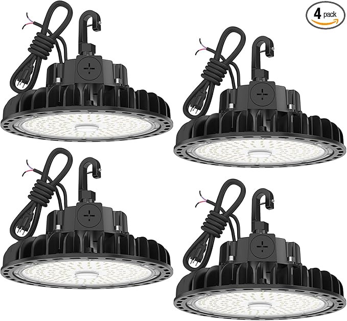 HYPERLITE 4Pack LED UFO High Bay Lights 100W 14,500LM (145lm/w) 5000K 1-10V Dimmable 5' Cable with 110V Plug Hanging Hook Safe Rope UL Listed for Barn Workshop Warehouse Residential