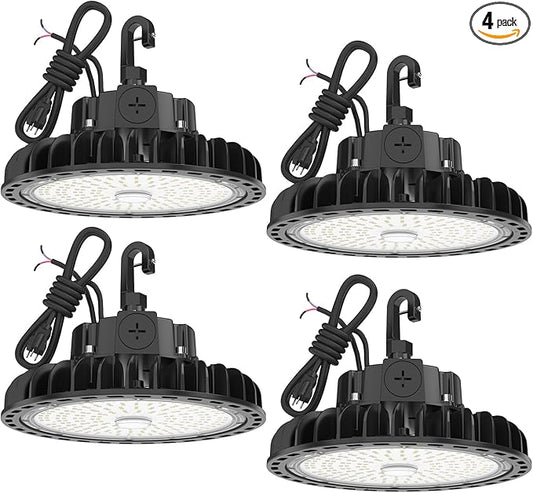 HYPERLITE 4Pack LED UFO High Bay Lights 100W 14,500LM (145lm/w) 5000K 1-10V Dimmable 5' Cable with 110V Plug Hanging Hook Safe Rope UL Listed for Barn Workshop Warehouse Residential
