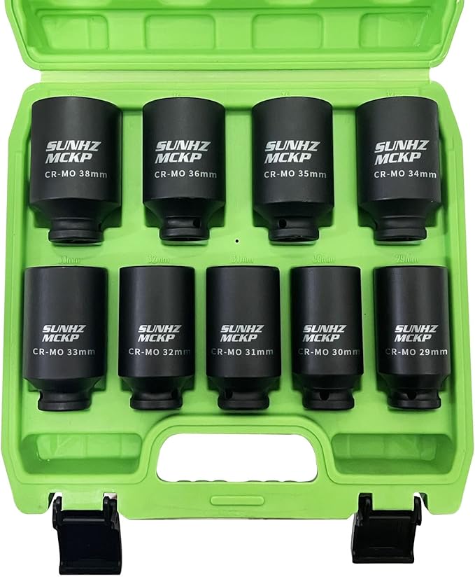 SUNKPMCKP 1/2" Drive Deep 6-Point Impact Socket Set, 9-Piece METRIC Spindle Axle Nut Impact Socket Set, Cr-Mo, 29mm - 38mm