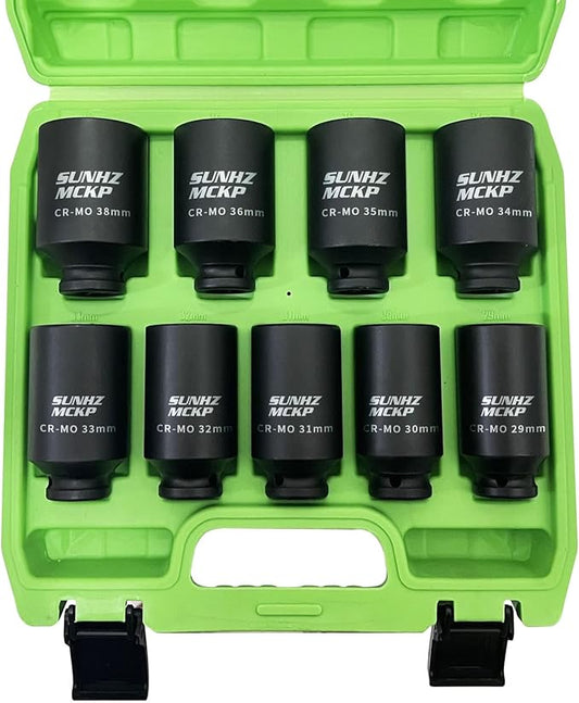 SUNKPMCKP 1/2" Drive Deep 6-Point Impact Socket Set, 9-Piece METRIC Spindle Axle Nut Impact Socket Set, Cr-Mo, 29mm - 38mm