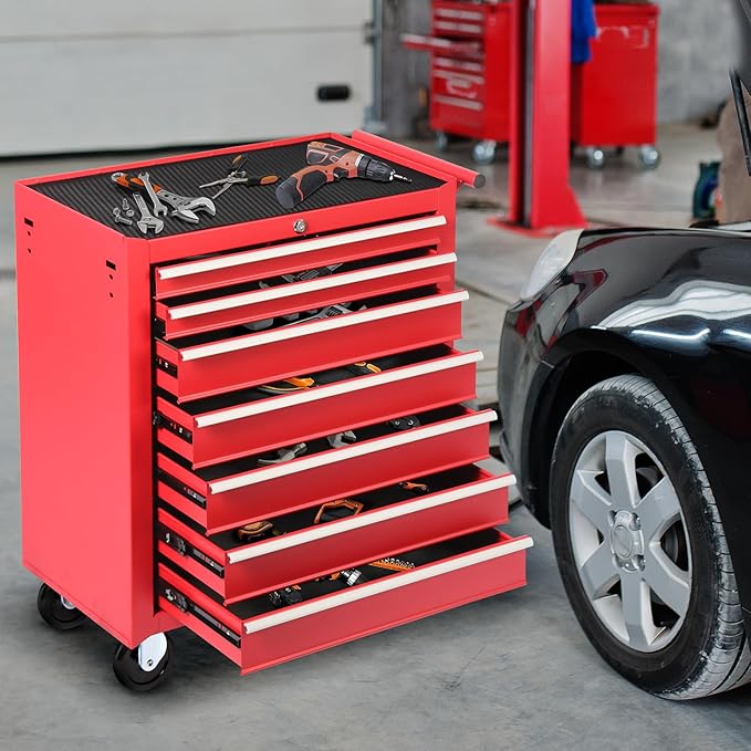 Rovibek 7 Drawer Rolling Tool Chest, Lockable Rolling Tool Box with Wheels, Ball-Bearing Slides, Large Capacity Metal Tool Box for Office Home Garage Workshop Warehouse Tool Storage, Red
