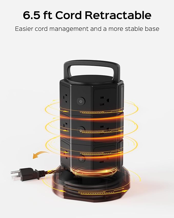 Power Strip Tower Surge Protector, JACKYLED 1625W 13A Outlet Surge Electric Tower, 12 Outlets 6 USB Ports Charging Station with 16AWG 6.5ft Heavy Duty Extension Cord for Home Office Dorm Black