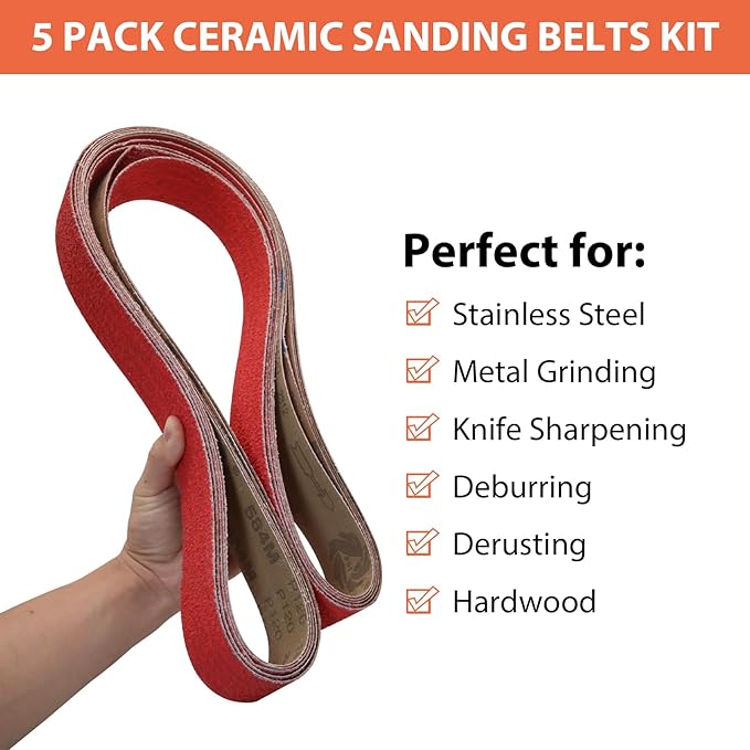 2 x 72 Grinding Belts, 2x72 Inch Ceramic Sanding Belt, 1 Pc Each of 36/40/60/80/120 Grits Sander Belts Assortment for Metal Knife Sharpening, 5 Pack(2x72in)